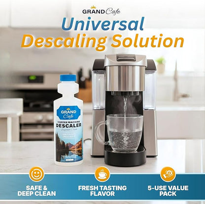 Grand Cafe Universal Descaling Solution - Coffee Maker Descaler and Cleaner for Keurig, Nespresso, DeLonghi & Single-Serve Espresso Machines - Perfect Measure Bottle (20 oz, 5 uses per bottle)