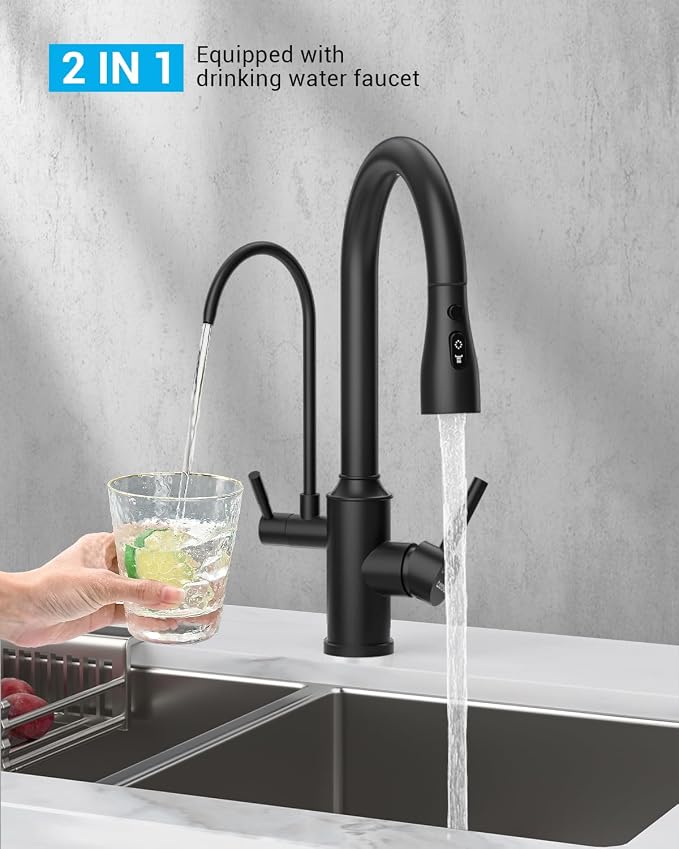 DAYONE Matte Black Kitchen Faucet with Drinking Purfied Water Faucet, 3 Holes High Arc 3 in 1 Sink Tap Stainless Steel, Two-Handle 3-Way Pull Down Sprayer, (Without System)