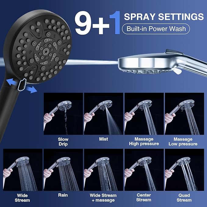 PALAS Filtered Shower Head with Handheld, High Pressure 10-Mode with Filters, Built-in Power Wash, soften hard water Remove Chlorine, Reinforced Hose, Overhead Bracket, Anti-clog nozzle (Matte Black)