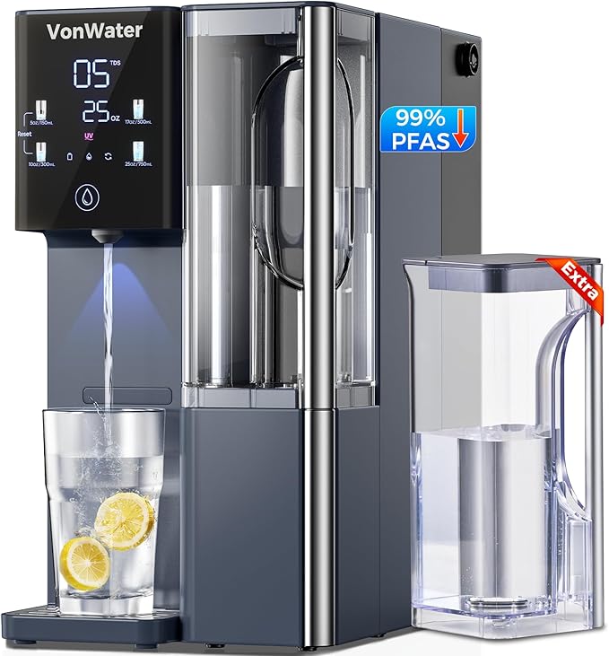 CT910 Countertop Reverse Osmosis Water Filter System with Removable Pure Water Pitcher-41oz, 7-Stage RO Water Filtration System, NSF/ANSI 372, Reduce TDS PFAS, No Installation
