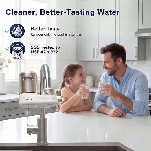 ANGEL CF30 Water Filter for Sink Faucet, Faucet Mount Water Filtration System, Reduces 98% Chlorine, Lead & Rust, SGS Tested, Easy Install, 350 Gallons Long-Lasting for Kitchen & Bathroom (Rose Gold)