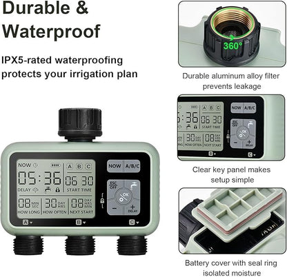 Watering Timer 3 Zone, Sprinkler Timer, Programmable Garden Outdoor Hose Faucet Timer with Rain Delay, Auto & Manual Watering System,Water Hose Irrigation Timers 3 Outlet for Garden
