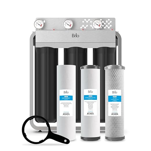 Brio 3-Stage Whole House Filtration System, Anti-Scale, 900 GPH, 4.5" x 20" Sediment, PHO, and CTO Carbon Block Filters Included w/Lifespan of 12 Months