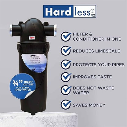 Hardless NG4L Whole House Water Filter- Salt-Free Softening Device - Reduces Limescale, Sediment & More - Compact, Easy to Install- Comes w/ 3/4" Inlet/Outlet - Filtration System for Extra Hard Water