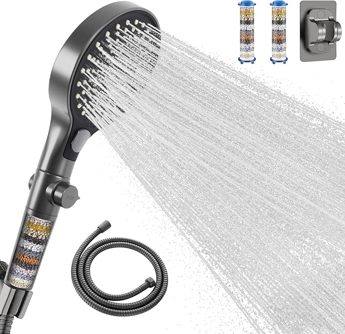 Filtered Handheld Shower Head with Hose and Holder, 5.1" Large High Pressure Shower Wand with 2 Extra Filters, Reinforced Matte Black Showerhead Set for Hard Water, 3 Spray Modes & One-Key Pause