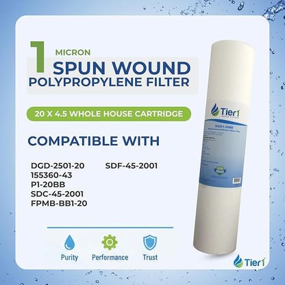 Tier1 1 Micron 20x4.5 Water Filter | Spun Wound Polypropylene Whole House Cartridge | Replacement for Pentek DGD-2501-20, 155360-43, P1-20BB | Sediment & Rust Filtration | 4.5 x 20 Water Filter (2pk)