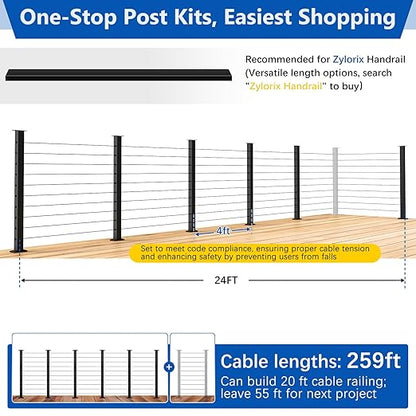 36" Modular 20-24FT Black T304 Cable Railing Post Kit, Complete Cable Railing System with 6 Level Posts & 259ft 1/8" Wire Rope(No Handrail), Adjustable Length Easy DIY for Decks/Porch