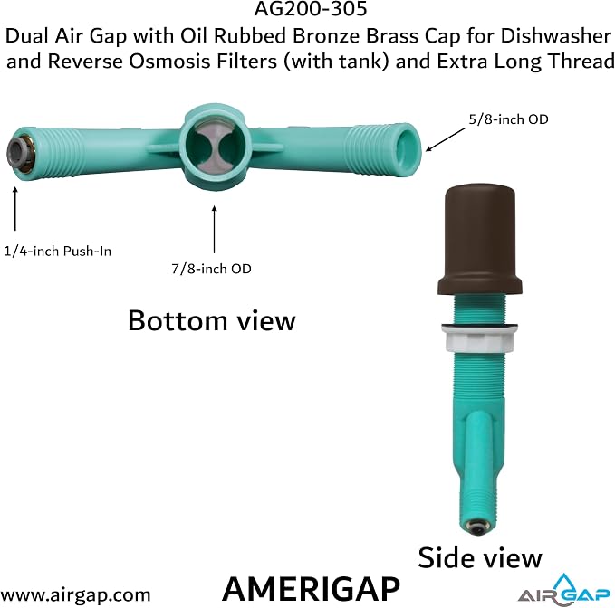 Dual Air Gap with Oil Rubbed Bronze Brass Cap for Dishwasher and Reverse Osmosis Filters (with tank) and Extra Long Thread (AG200-305, AG200-X05, AMERIGAP)