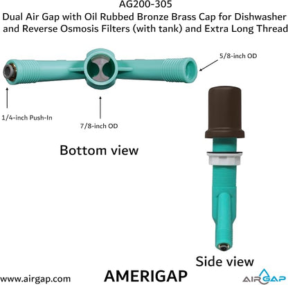 Dual Air Gap with Oil Rubbed Bronze Brass Cap for Dishwasher and Reverse Osmosis Filters (with tank) and Extra Long Thread (AG200-305, AG200-X05, AMERIGAP)