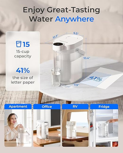 Waterdrop ED25TW Rechargeable Water Filter Dispenser, TDS Reduction，Retain Key Minerals, Instantly Improve Flavor, 15-Cup 5-Stage Portable Countertop Water Filtration System with 1 Filter, White