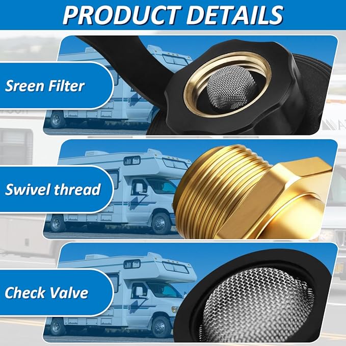 RV Water Inlet Connection City Water Fill Inlet Flange Brass,RV City Water Fill Inlet Plastic Flange with Check Valve Camper Black