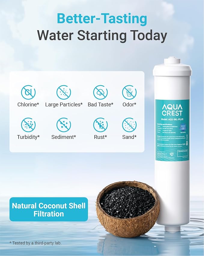 AQUA CREST INL-PLUS 5 Years Inline Water Filter for Ice Maker | High Capacity, 1/4-Inch Direct Connect Fittings, Easy Installation, Reduces Chlorine, Sediment, Bad Taste & Odor
