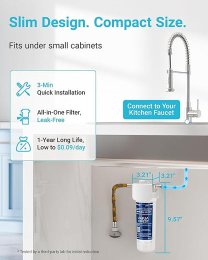 AQUA CREST UP16 Under Sink Water Filter System, Reduces up to 99.52% Chlorine, Bad Taste & Odor, Under Counter Water Filter Direct Connect to Kitchen Faucet, 11K Gallons