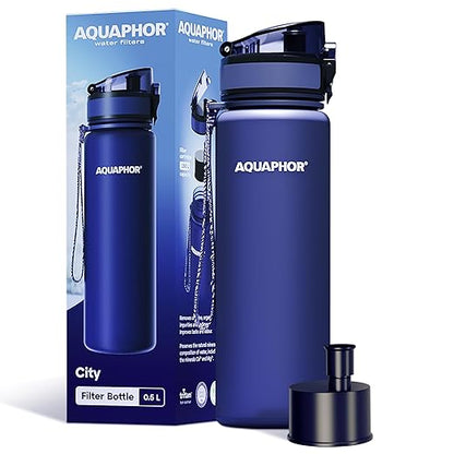 AQUAPHOR City Water Filter Bottle 500 ml | Portable Filtered Water Bottle with Integrated Water Purifier | BPA-Free | Reusable Bottle with Water Filter for Camping, Travel & Outdoor Use | Navy
