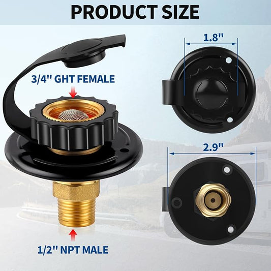 RV City Water Fill Inlet Flange Check Valve Water Hookup Connector 3/4 NH Female to 1/2 NPT Male Mount Lead-Free Brass Flush RV Water Backflow Preventer with Dust Plug for RV Camper Motorhome