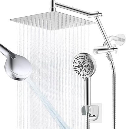 All Metal Rain Shower Head, 10” High Pressure Rainfall Shower Head with Handheld, 5" Large Handheld Showerhead Powerful Cleaning 10-Spray, 16" Shower Extension Arm Adjustable Height/Angle, Chrome