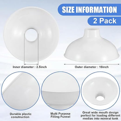 Vesici Extra Large Wide Mouth Funnel 2.5" x 10" Multi Purpose Filling Funnel Plastic Reusable for Water Softener Resin Tanks Carbon Media Jar Filling Use(White,2 Pack)