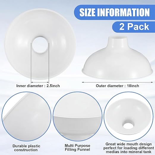 Vesici Extra Large Wide Mouth Funnel 2.5" x 10" Multi Purpose Filling Funnel Plastic Reusable for Water Softener Resin Tanks Carbon Media Jar Filling Use(White,2 Pack)