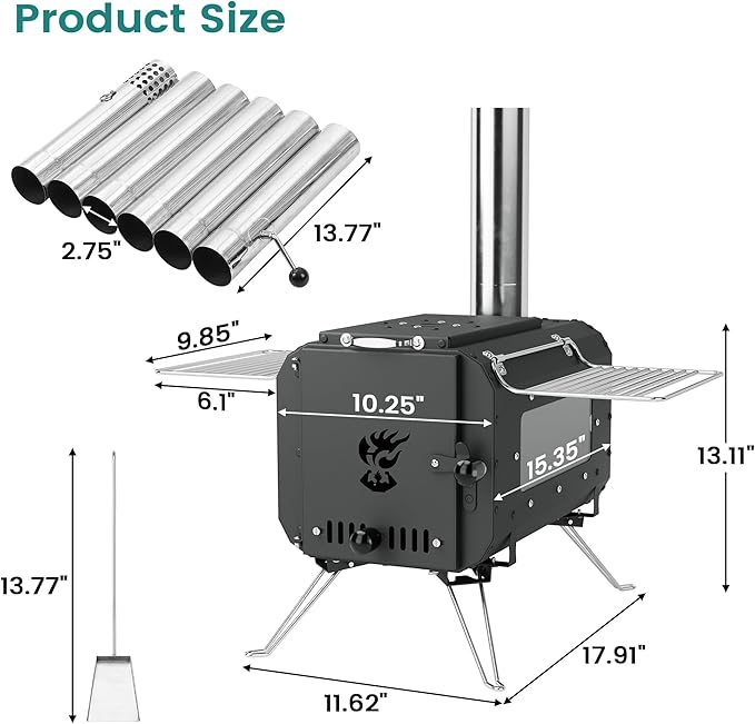 Cast Iron Portable Wood Burning Camping Stove, Compact Tent Stove with Chimney Pipe & View Glass for Ice Fishing, Hiking, Travel, Cookout