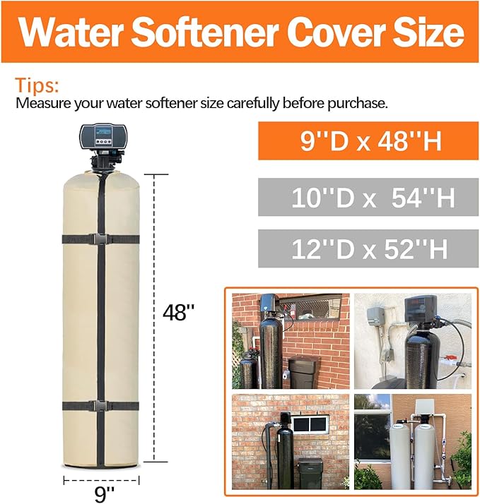 Water Softener Cover Outdoor Insulated, 3 Layers Insulation Water Softener Tank Jacket, Water Softener Covers for Outside Units, 9''D x 48''H(Cover Only)- Beige