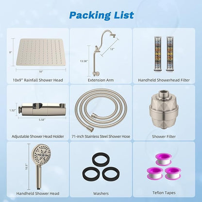 Hibbent Dual Filter All Metal 10"Rainfall Showerhead Combo, High Pressure Filter Shower Head with 10-Spray Mode Handheld, 4-way Diverter with Pause Mode, 71'' Shower Hose and Holder, Brushed Nickel