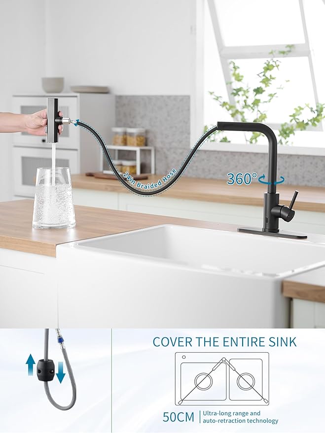 Touchless Black Kitchen Faucets with Pull Down Sprayer,Waterfall Kitchen Sink Faucet,Commercial Utility Stainless Steel Kitchen Faucets,Single Handle Kitchen Sink Faucet for 3 Function