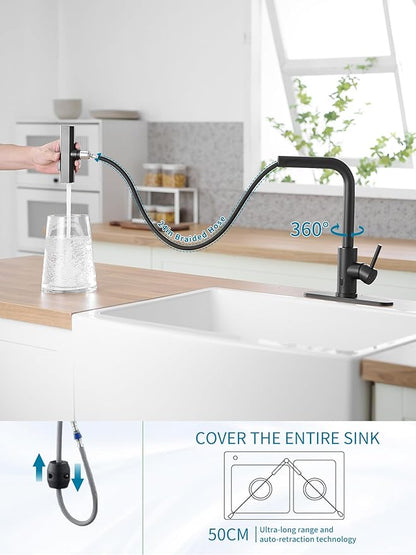 Touchless Black Kitchen Faucets with Pull Down Sprayer,Waterfall Kitchen Sink Faucet,Commercial Utility Stainless Steel Kitchen Faucets,Single Handle Kitchen Sink Faucet for 3 Function