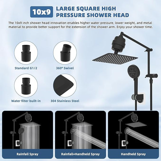 Metal Rain Filtered Shower Head, 10” High Pressure Rainfall Shower Head with Handheld, 10 Modes Handheld Powerful Wash, 16" Adjustable Extension Arm, 20-Stage Shower Filters for Hard Water, MatteBlack