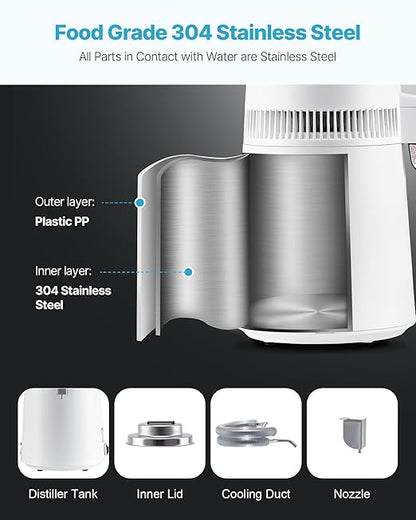 VEVOR Water Distiller, 6L/1.6 Gallon Large Distilled Machine, 900W Distilling Water Maker, 304 Stainless Steel Interior Stiller with Plastic Container, Countertop Distiller for Home, White