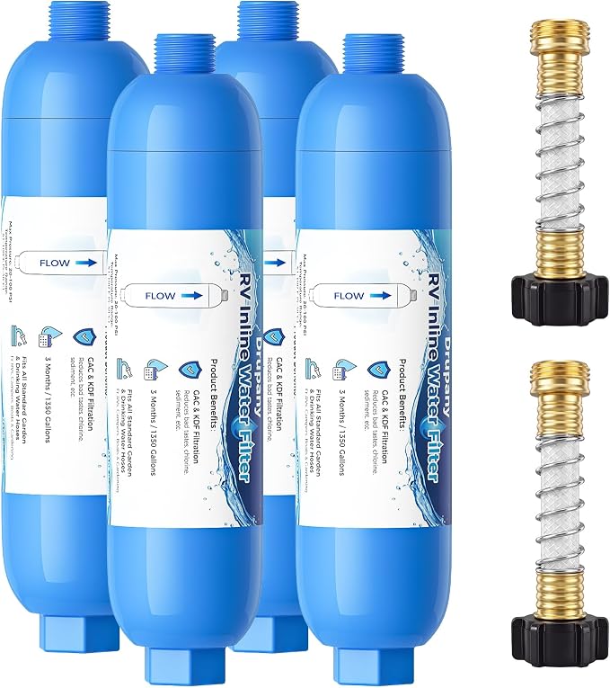RV Water Filter, 4 Pack RV Inline Water Filter with Flexible Hose Protector | Camper Water Filter System for RVs, Campers & Boats, Water Hose Filter Reduces Chlorine, Sediment, Bad Taste & Odors