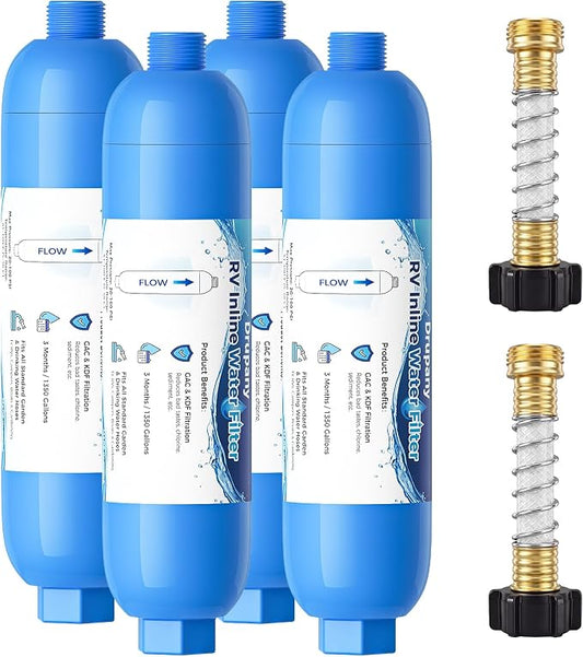 RV Water Filter, 4 Pack RV Inline Water Filter with Flexible Hose Protector | Camper Water Filter System for RVs, Campers & Boats, Water Hose Filter Reduces Chlorine, Sediment, Bad Taste & Odors
