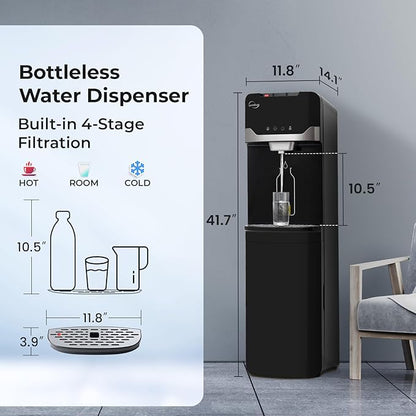 iSpring Bottleless Water Dispenser with Built-in 4-Stage Filtration, Hot/Cold/Room Temp, Self Cleaning, Stainless Steel, Model: DS4B