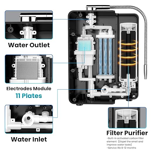 Alkaline Water Ionizer Machine for Home, 11 Titanium Plates Alkaline Water Machine, pH 4-10.5 Acid Water Purifier, Water Filter Up to -600mV ORP | 10000 Liters Per Filter