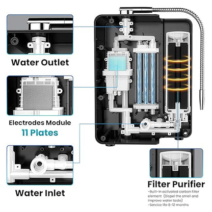 Alkaline Water Ionizer Machine for Home, 11 Titanium Plates Alkaline Water Machine, pH 4-10.5 Acid Water Purifier, Water Filter Up to -600mV ORP | 10000 Liters Per Filter