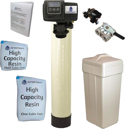 AFWFilters 1.5 Cubic Foot (48k) Whole Home Water Softener with High Capacity Resin, 3/4" Stainless Steel FNPT Connection, and Almond Tanks