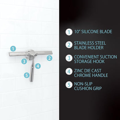 Better Living Deluxe Shower Squeegee, Multi-Purpose Silicone Squeegee Blade with Storage Hook, Rust-Proof Heavy Duty Window, Glass Shower Door Scrubber, Windshield Wiper, 10", Chrome