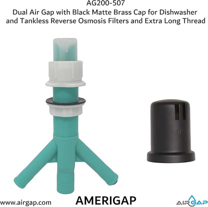 Dual Air Gap with Black Matte Brass Cap for Dishwasher and Tankless Reverse Osmosis Filter and Extra Long Thread (AG200-507, AG200-X07, AMERIGAP)