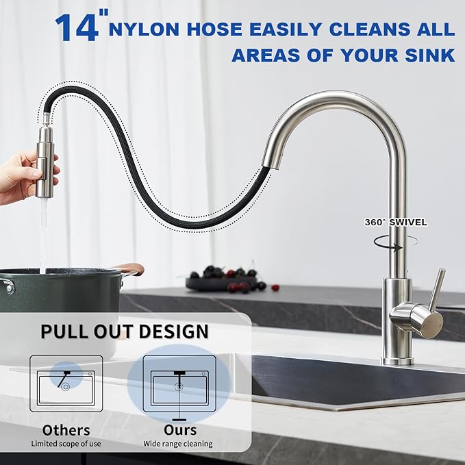 Tohlar Kitchen Sink Faucets with Pull-Down Sprayer, Modern Stainless Steel Single Handle Pull Down Sprayer Faucet with Deck Plate