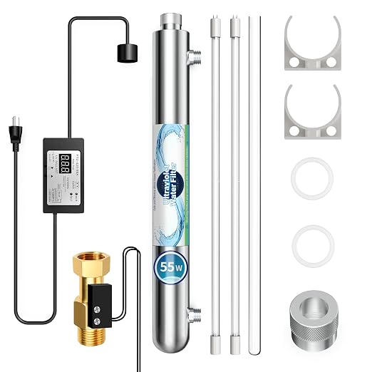 Whole House UV Water Filter System 55W 120V, 12GPM High Flow Whole Home Water Purifier with 1” MNPT Ports Equipped with Intelligent Water Flow Switch, +1 Extra Bulb