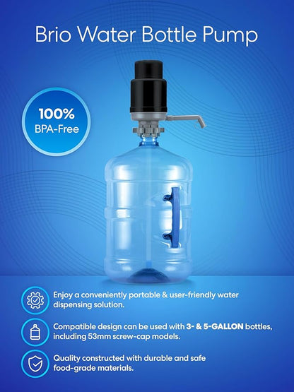 Brio Universal Water Bottle Pump | Manual Water Pump 1-5 Gallon Water Jug Dispenser for Camping Picnics and More! | 48mm & 55mm - (Multiple Color Options)