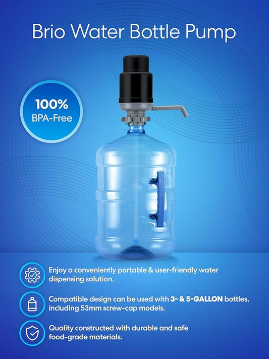 Brio Universal Water Bottle Pump | Manual Water Pump 1-5 Gallon Water Jug Dispenser for Camping Picnics and More! | 48mm & 55mm - (Multiple Color Options)