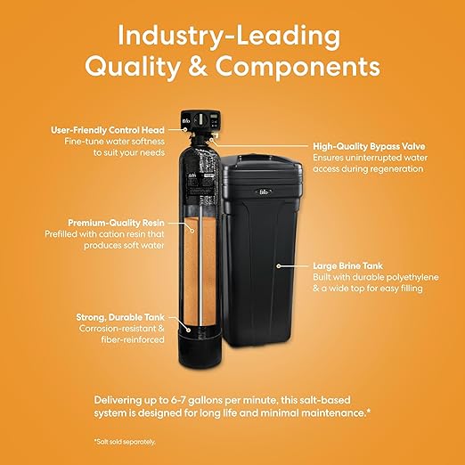 Brio WSFS1668 Whole House Water Softener System, 1-2 Bathrooms, 24,000 Grains, 6-7 GPM, 8" x 44" Resin Tank, High-Efficiency Valve Head, Fully Compatible w/Existing Water Filtration System
