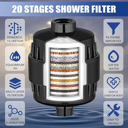 20 Stage Shower Head Filter for Hard Water with 3 Cartridges, Black | High Output ,Remove Chlorine, Fluoride and Other Impurities, Improves Skin Condition, Protects Hair