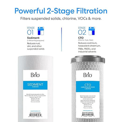 Brio Whole House Water Filter System w/Gauges | 2 Stage Fast-Flow Filtration (5 Micron Sediment, CTO Carbon Block) 4.5" x 20" Filters | Improves Taste, Protects Home Appliances & Shower | 900 GPH