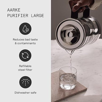 Aarke Purifier Large Glass Pitcher Bundle w/Steel Filter, BPA-Free, 4 Pure Refill Granules - Filters Heavy Metals, 2.8L Pitcher with 1.66L Filtration Capacity