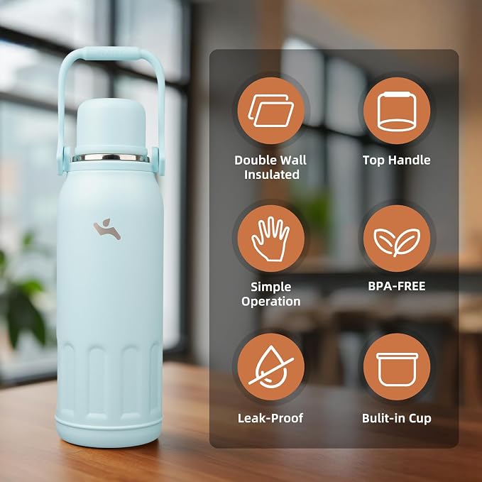 Konokyo Insulated Water Bottle with Handle and Strap,Vacuum Travel Tumbler with Cup Lid,Thermo Coffee Cup for Hot Cold Drinks 50 OZ,Cyan Blue