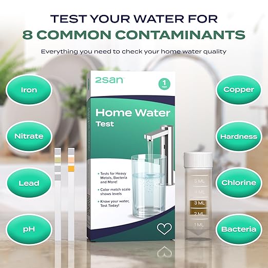 2San Home Water Test, 8-in-1 Water Testing for Bacteria, Lead, Iron, Copper, pH, Chlorine, Hardness, Nitrites, Easy At-Home Use for Tap & Well Water, Fast, Reliable Results Without a Lab