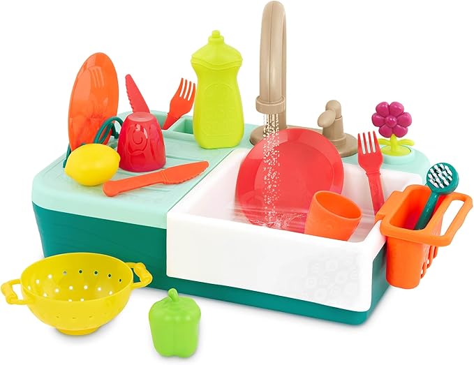 B. toys – Sink Play Set – Toy Kitchen Sink – Faucet & Running Water, Dishes, Play Food – Pretend Play Set for Kids – 3+ Years– Splash-n-Scrub Sink