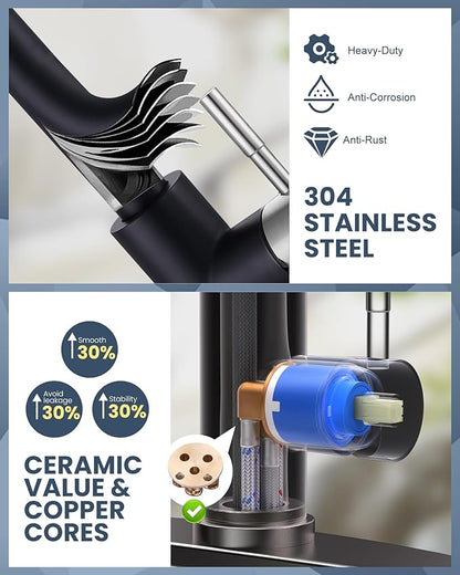 WOWOW Kitchen Faucets for Sink 1 or 3 Hole, High Arc Stainless Steel Kitchen Sink Faucet with Sprayer, Brushed Nickel and Black Faucet for Kitchen RV Laundry Sinks