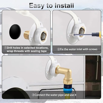 RV City Water Inlet with Check Valve – RV Water Inlet Connection, RV Water Fill Inlet with 3/4" NH Female to 1/2" NPT Male, Ideal for RV, Travel Trailers, Camping, and Boats in White (with Hose Elbow)